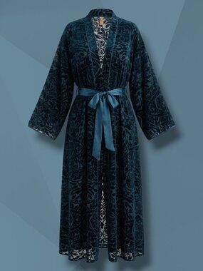 Fuller Bust x Playful Promises Navy Sheer Velvet Leaf Kimono Robe 20